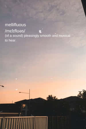 文字疊加在暮色天空和輪廓分明的屋頂背景下定義 mellifluous。