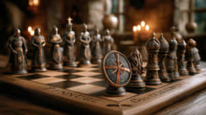 一個中世紀國際象棋套裝，騎士和主教棋子放在刻有王子和伯爵夫人的木製棋盤上