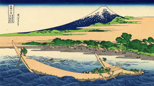 兩艘載人的船隻在藍色波浪上航行，靠近一個村莊，遠處可見富士山。 — 美學藝術 壁紙