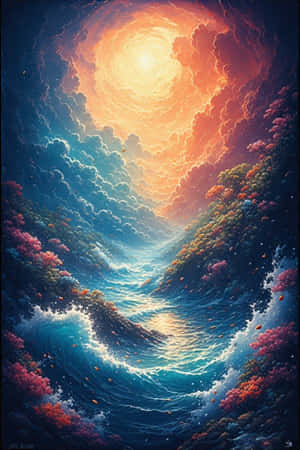 一個旋轉的漩渦，由藍色海洋波浪和雲朵匯聚到一個發光的橙色太陽。