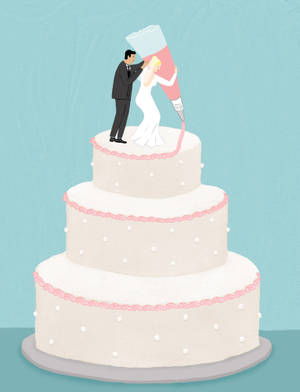 一對新人公仔用一個巨大的擠花袋裝飾結婚蛋糕。