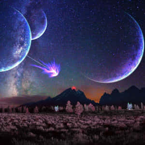 紫色的行星和流星照亮了暮色中的山脈。