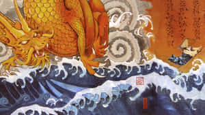 船上的武士與從暴風雨海浪中升起的金龍搏鬥。