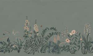 鼠尾草綠色背景上的花卉和蝴蝶植物插圖 — 美學電腦 壁紙
