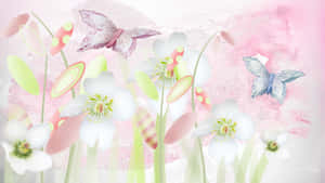 柔和粉紅色水彩場景中的白花和蝴蝶。 — 可愛糖果色調 壁紙