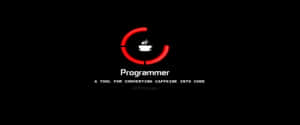 紅色圓形標誌，帶有咖啡杯和文字 Programmer，背景為黑色。