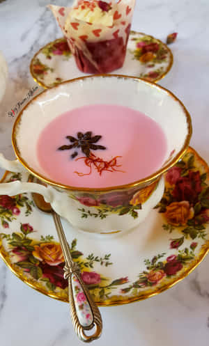花卉茶杯中的粉紅番紅花茶，配以八角茴香和絲線裝飾，旁邊有杯子蛋糕在大理石上。 — Galaxy Tab A11 壁紙