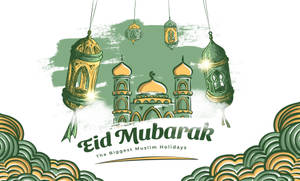 以綠色和金色清真寺及掛燈籠為主題的 Eid Mubarak 祝福。