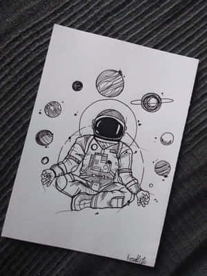 太空人在宇宙場景中被行星環繞，平靜地冥想。