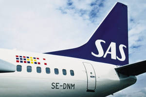 SAS飛機尾部，註冊號為SE-DNM，背景為多雲的天空。