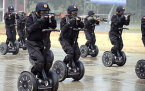 身穿戰術裝備的警員在戶外騎乘賽格威並瞄準步槍。