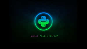 Python程式設計標誌，帶有發光霓虹圓圈同print Hello World文字，喺深色背景上。