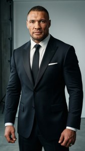 一個肌肉發達的男人穿著黑色西裝和白色襯衫站在工作室裡