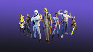 七個穿著色彩繽紛服裝的 Fortnite 遊戲角色手持武器擺姿勢。