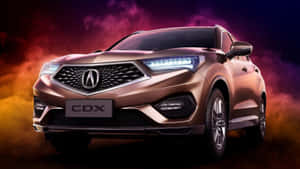 青銅色Acura CDX SUV，帶有發光頭燈，背景為火焰煙霧。