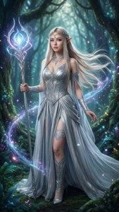 一位身穿銀色鎧甲的精靈女王在魔法森林中揮舞著發光法杖。