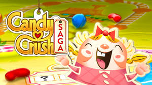Candy Crush Saga遊戲標誌，配以開心卡通角色和色彩繽紛的糖果。