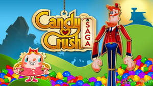 Candy Crush Saga 遊戲標誌，兩個卡通角色被色彩繽紛的糖果環繞。 — 糖果 GIF 壁紙