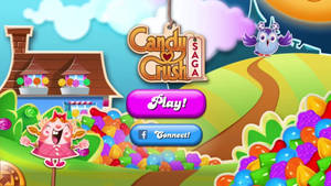 Candy Crush Saga 遊戲標題畫面，帶有色彩繽紛的糖果和一個開心的角色。