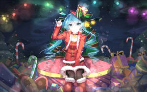 動漫女孩穿著紅色聖誕老人服裝，在發光的燈光下被拐杖糖和禮物包圍。