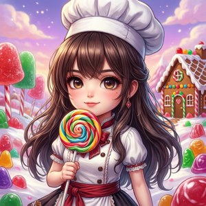 戴住廚師帽嘅動畫女仔喺有薑餅屋嘅糖果樂園度攞住彩虹棒棒糖。