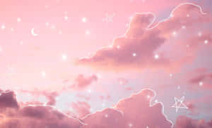 粉紅色天空，帶有閃爍的星星和以白色魔法勾勒的彎月。 — 雲朵 壁紙