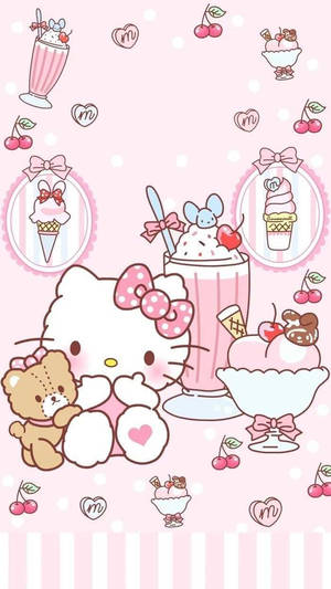 Hello Kitty 和泰迪熊與甜點和櫻桃在粉紅色背景上