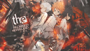 三個身穿白色制服嘅動畫細路喺火災破壞之中，標題「The Promised Neverland」。