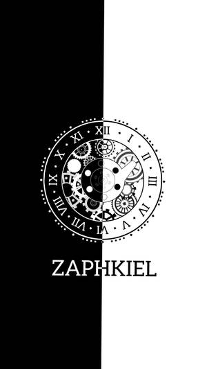 一個黑白時鐘，帶有可見的齒輪，垂直分割，標有 ZAPHKIEL。 — 黑白 壁紙