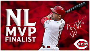 棒球選手Joey Votto身穿紅人隊球衣揮棒，帶有NL MVP Finalist文字。