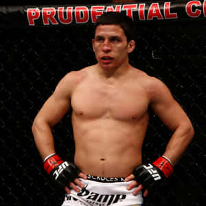 一名戴著UFC手套、滿臉鮮血的MMA拳手站在八角籠內。