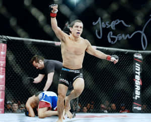 MMA拳手在擊敗對手後於八角籠內慶祝勝利。