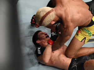 兩名MMA拳手在UFC比賽中鎖喉，墊上有血跡。