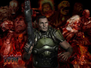 Doom士兵手持霰彈槍，在地獄中被惡魔怪物包圍。