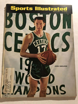 John Havlicek 身穿塞爾特人球衣，在復古《體育畫報》封面上手持籃球。 — 波士頓塞爾特人 GIF 壁紙