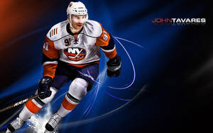 冰球運動員 John Tavares 在冰上移動，穿著 NY Islanders 裝備。