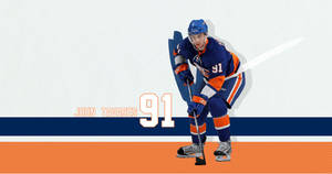 冰球運動員 John Tavares 身穿藍橙色制服，蹲著手持球桿。