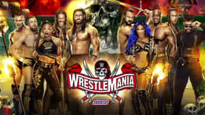 WWE WrestleMania摔角手和女郎與火焰和骷髏一起擺姿勢。