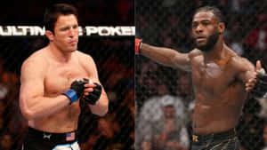 比賽期間，兩名男性MMA拳手在八角籠內擺出戰鬥姿勢。