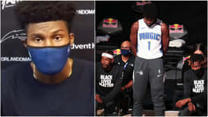 戴著口罩的籃球運動員與穿著Black Lives Matter T恤的隊友坐在長凳上。 — 拼貼 GIF 壁紙