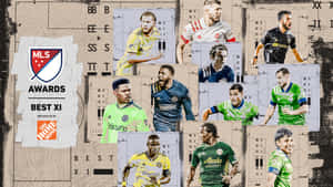 MLS Best XI足球運動員身穿球隊球衣，背景為帶有紋理的獎項拼貼畫。