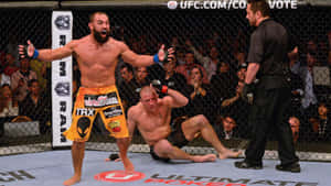 MMA拳手在八角籠中慶祝擊敗倒下的對手。