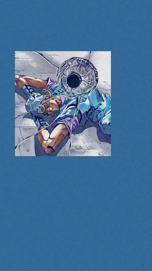 動漫角色在石地上碎裂玻璃效果下擺出動態姿勢。 — Johnny Joestar 壁紙