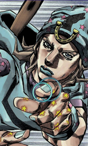 帶有星星紋身和馬蹄鐵頭帶的動漫角色指向前方。 — Johnny Joestar 壁紙