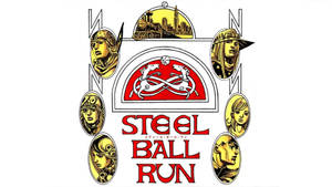 Steel Ball Run 標誌，帶有六個角色肖像和紅色馬標誌。 — Johnny Joestar 壁紙