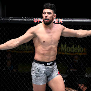 UFC拳手在八角籠中張開雙臂慶祝勝利。