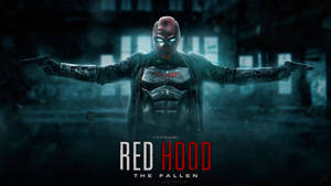 Red Hood 超級英雄在黑暗的城市環境中，手持兩把槍，眼睛發光。