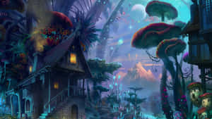 奇幻村莊，有發光蘑菇和漂浮光球，暮色天空。