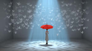 聚光燈下持紅色雨傘的人，周圍有白色紙鶴，灰色房間 — 奇幻 壁紙