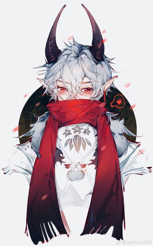 擁有白髮、紅眼和深色角的動漫角色，穿著紅色圍巾。